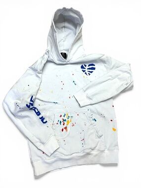 Overtime White Hoodie with Blue Heart Graphic and Multicolor Paint Splatter